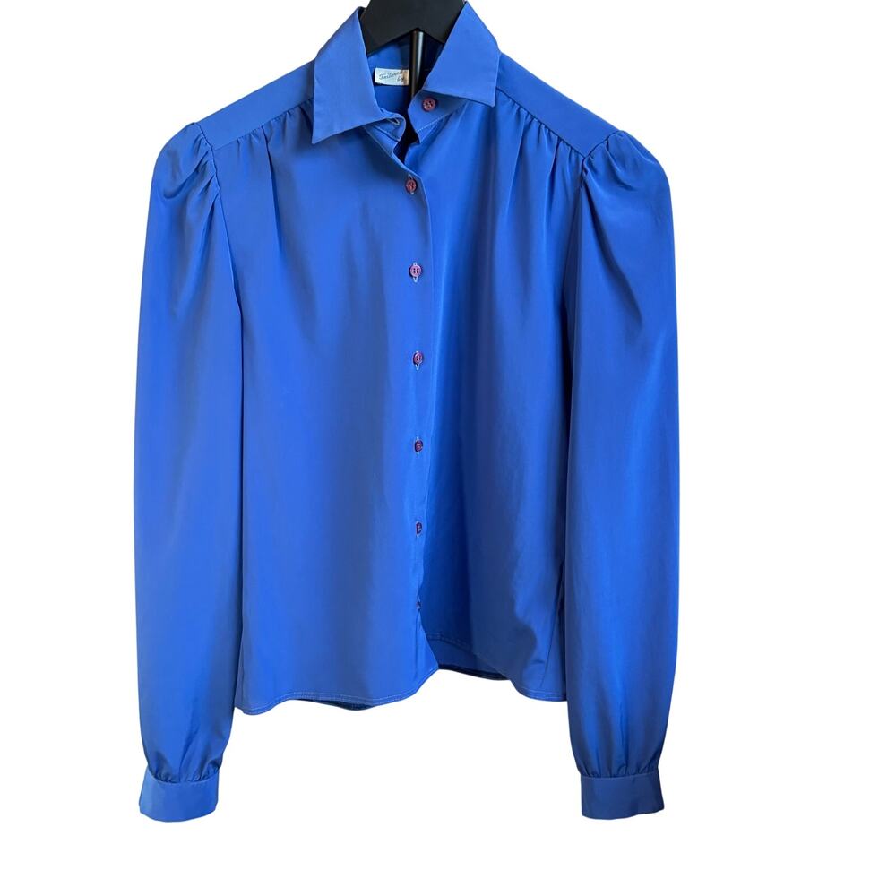 VTG womens blue button up blouse. Silky. puff sleeve. Size 4. 70s, 80s